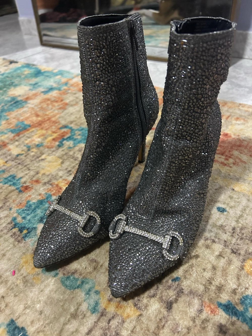 INC International Concepts Black Glitter Crystal Embellished Pointed Toe Booties